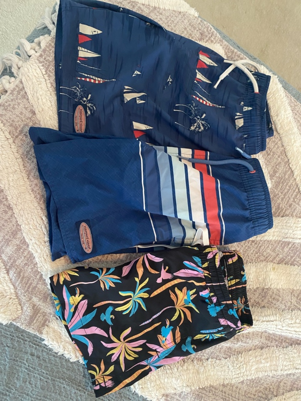 Vineyard Vines Boys Navy, Black & Blue Tropical Swim Shorts Trio